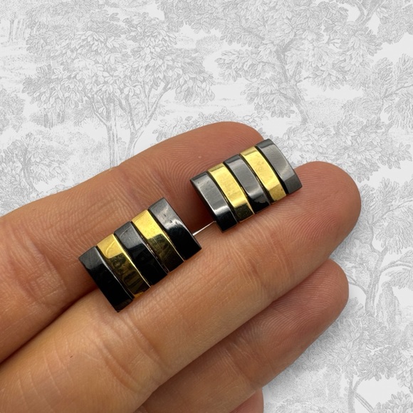 Givenchy Vintage Classic Two tone Gold Gunmetal Striped Cufflinks - Picture 8 of 9